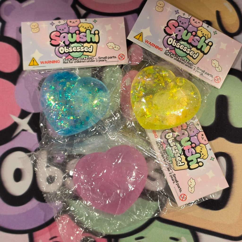 3pc Glitter Hearts Squishy BUNDLE Gel Glitter Filled0