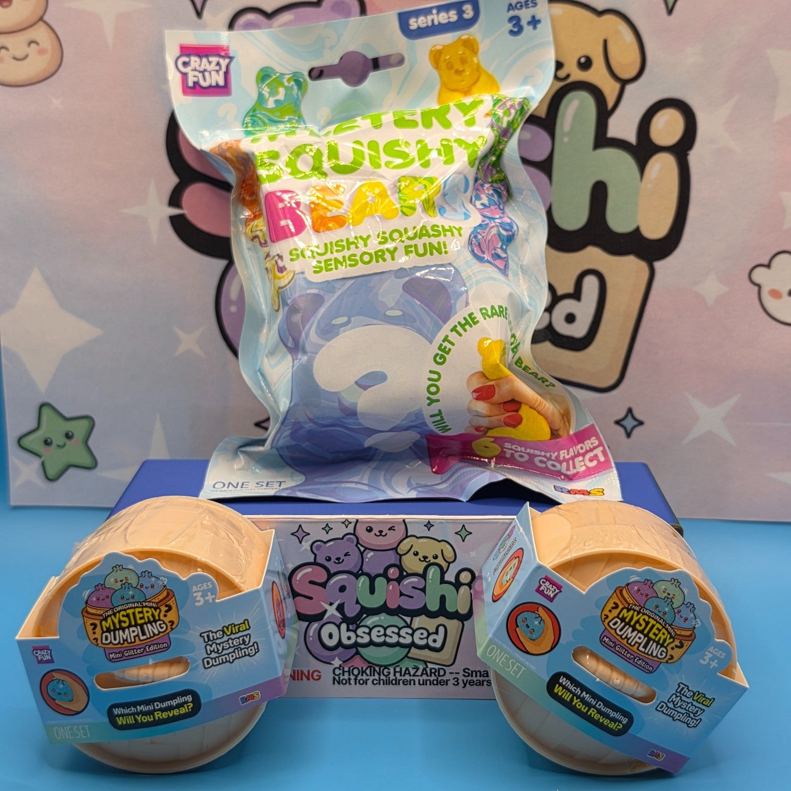 RMS Squishy 3 Pc Bundle: 2 Mini Glitter Dumplings + Mystery Squishy Bear Series0