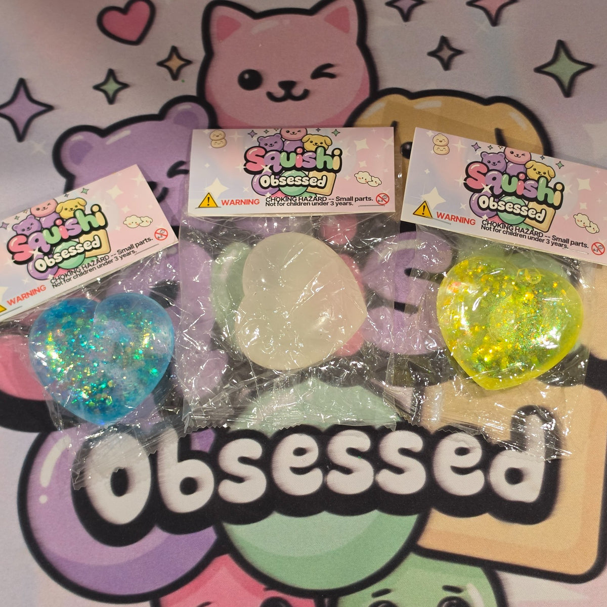 3pc Glitter Hearts Squishy BUNDLE Gel Glitter Filled1
