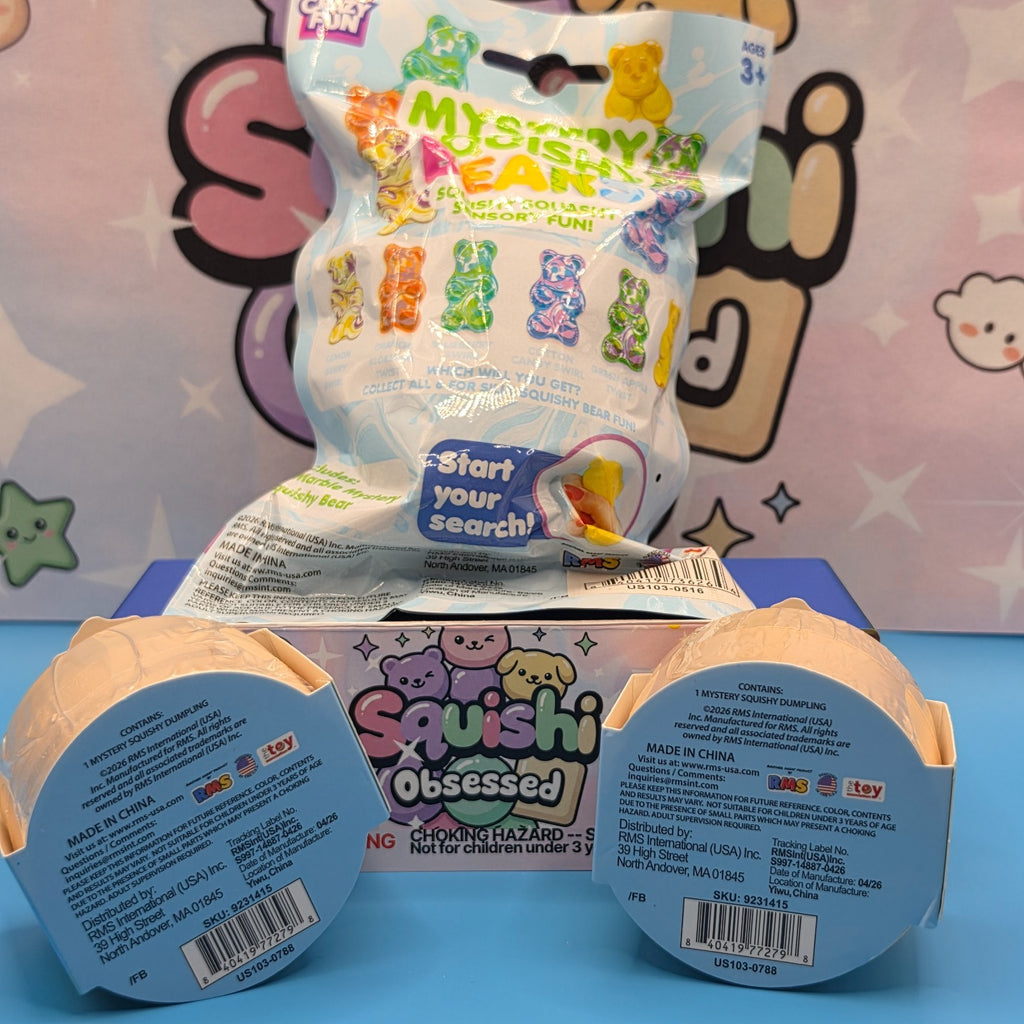 RMS Squishy 3 Pc Bundle: 2 Mini Glitter Dumplings + Mystery Squishy Bear Series2