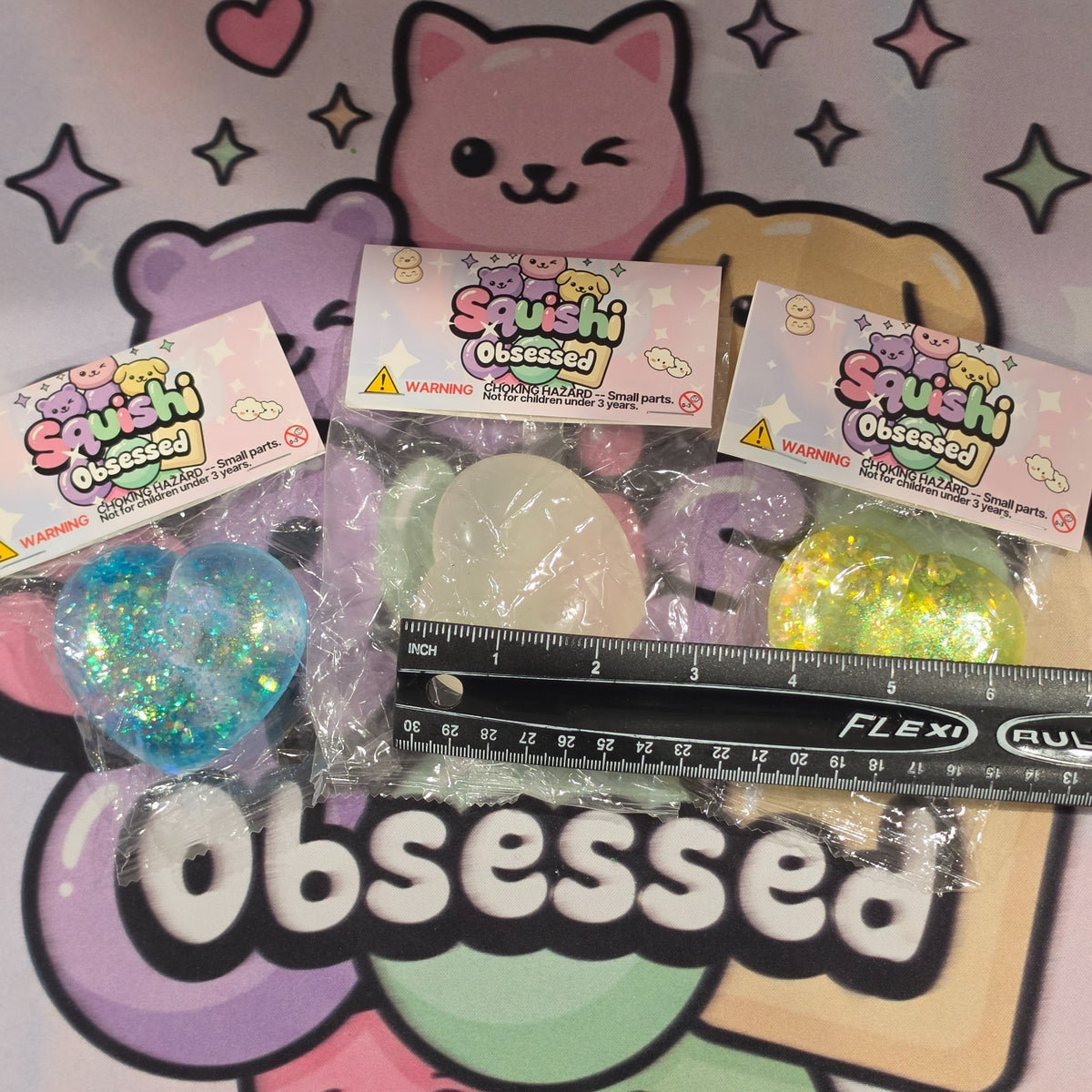 3pc Glitter Hearts Squishy BUNDLE Gel Glitter Filled5