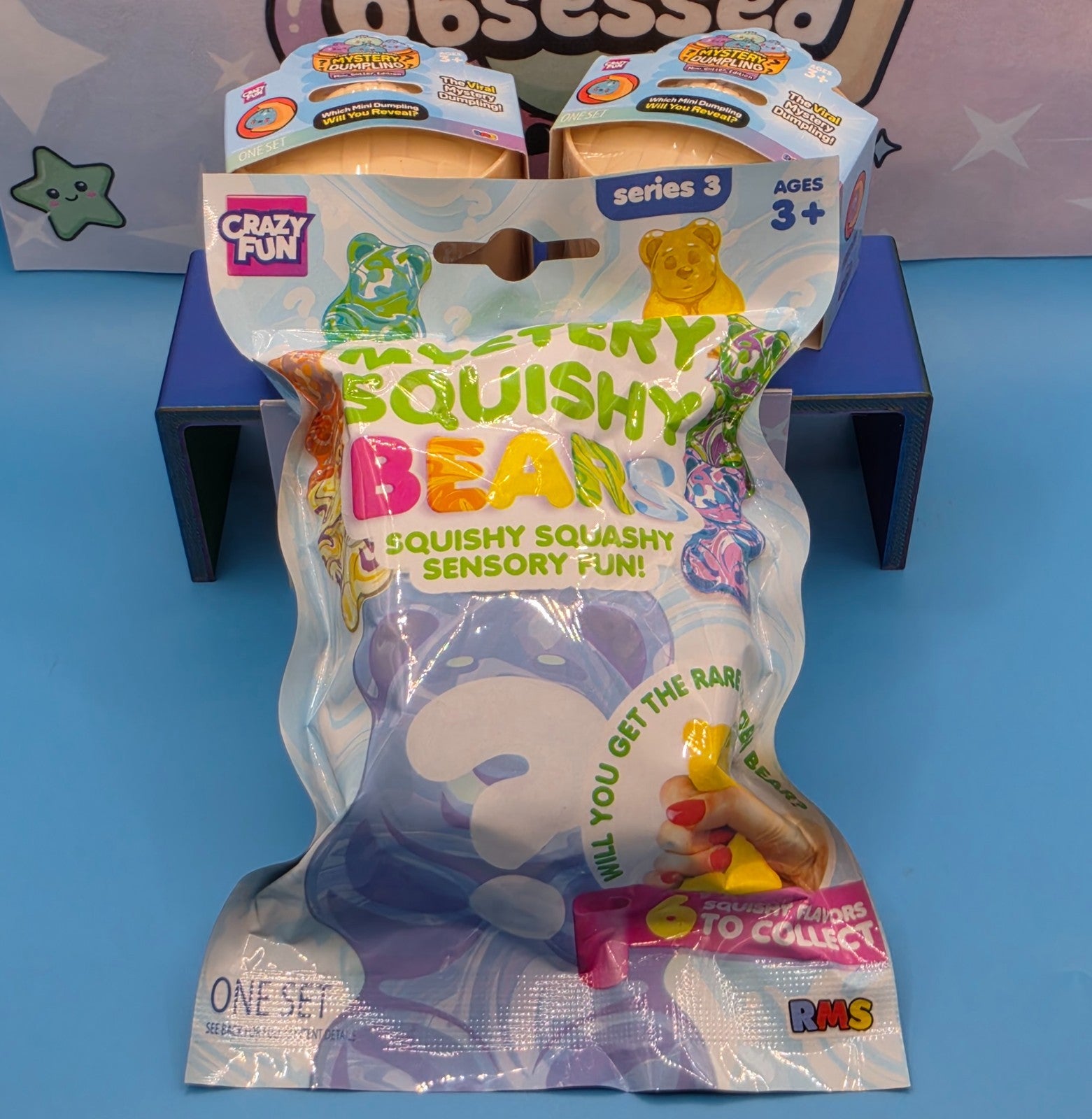 RMS Squishy 3 Pc Bundle: 2 Mini Glitter Dumplings + Mystery Squishy Bear Series3