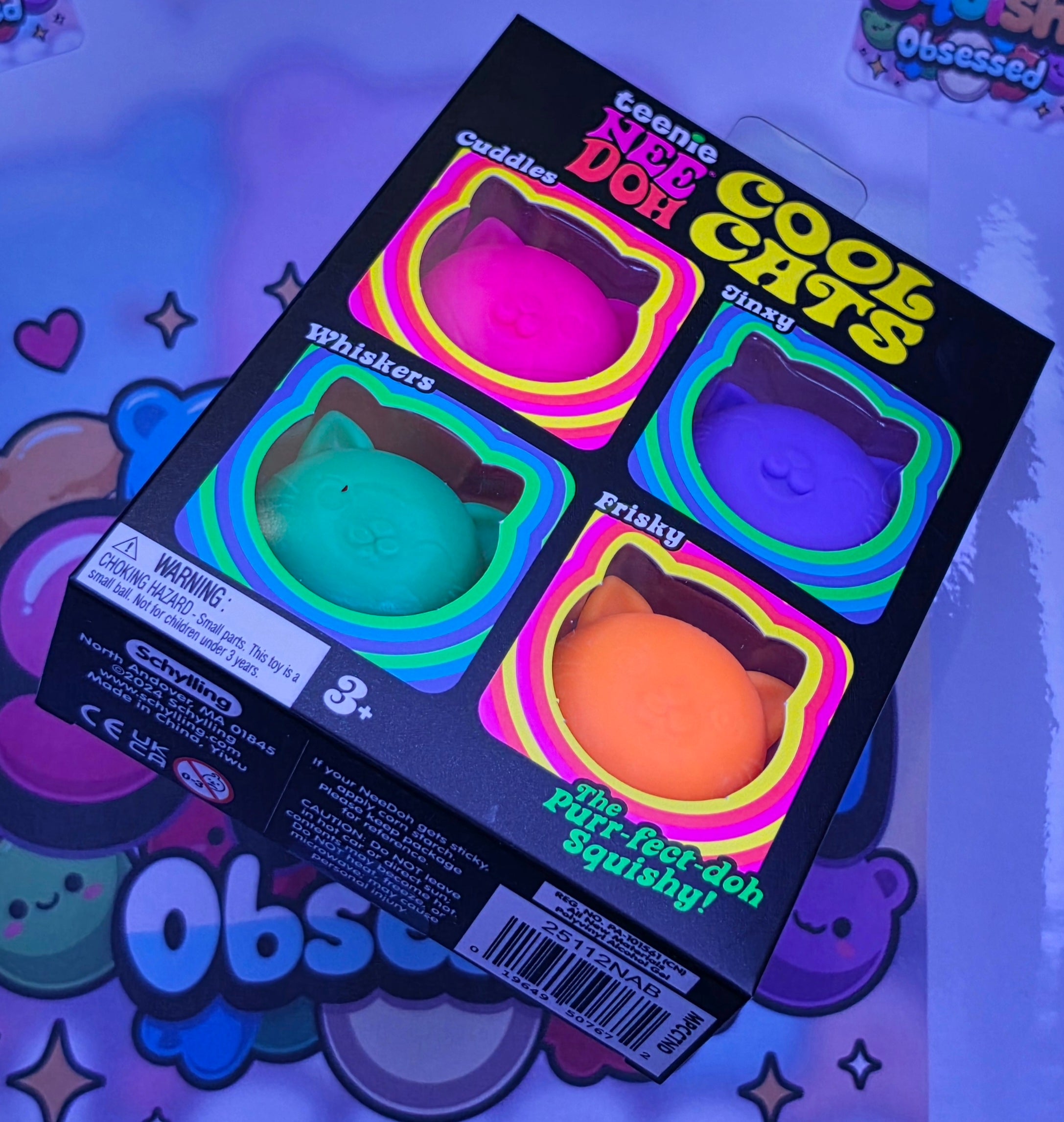 100% Authentic Schylling Teenie NeeDoh Cool Cats Pack (Pink,Purple,Green,Orange)
